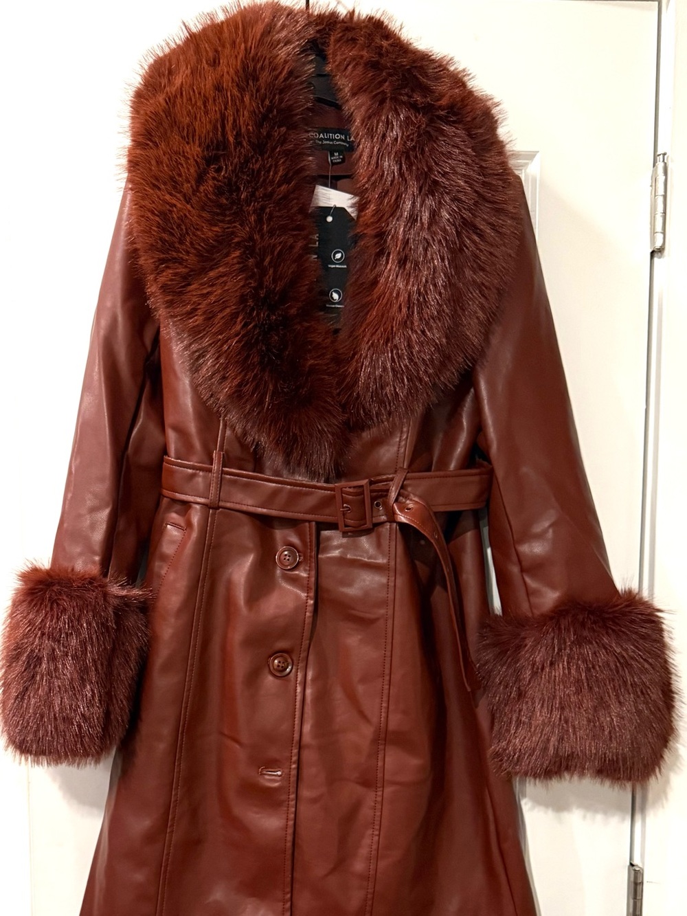 Women’s burgundy vegan Leather Trench Coat with Faux Fur Collar & Cuffs
